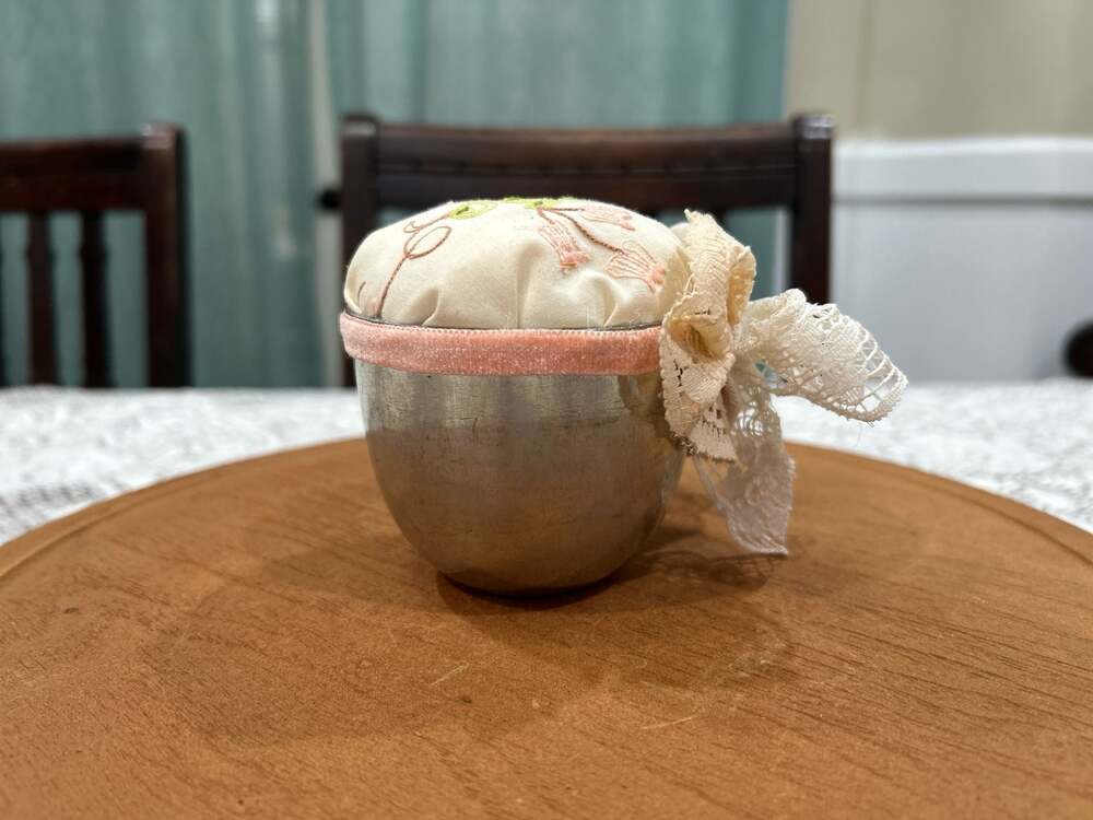 Woodbury Pewterers Pewter Cup Pin Cushion with Embroidered Floral Top and Lace B